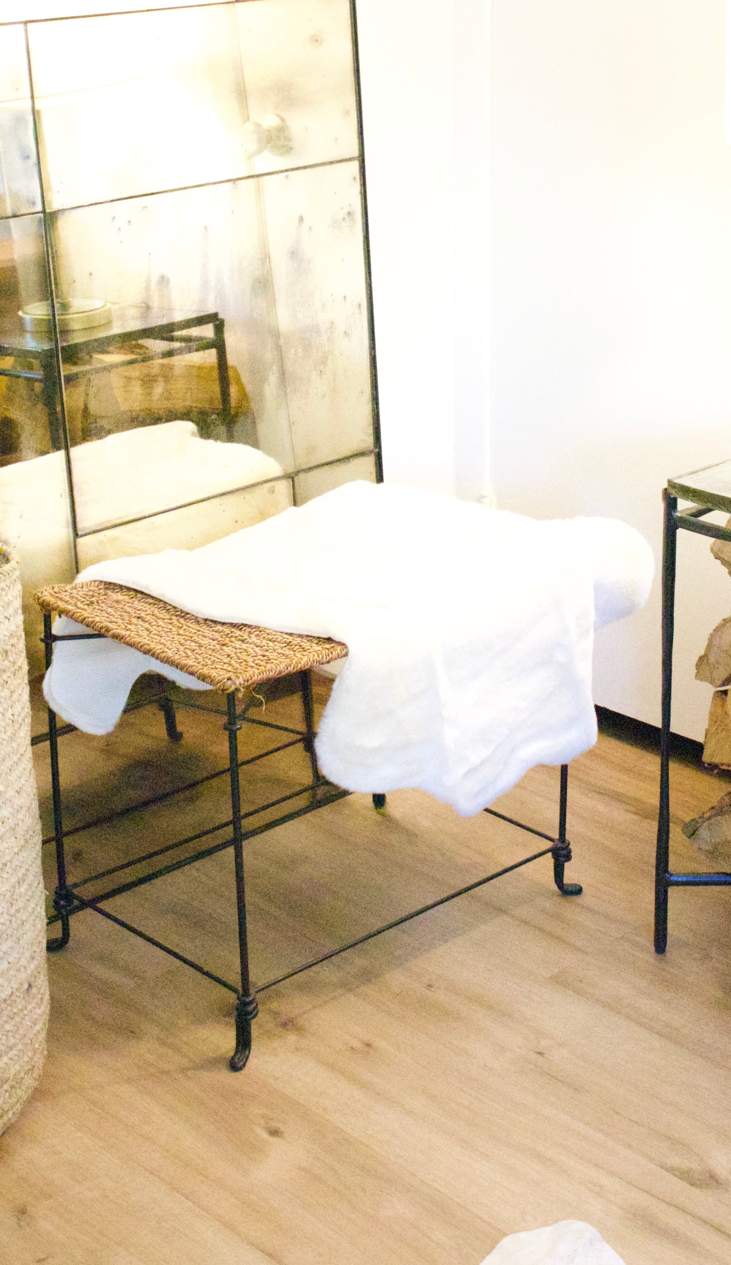 Aged Iron Stool with Sheepskin