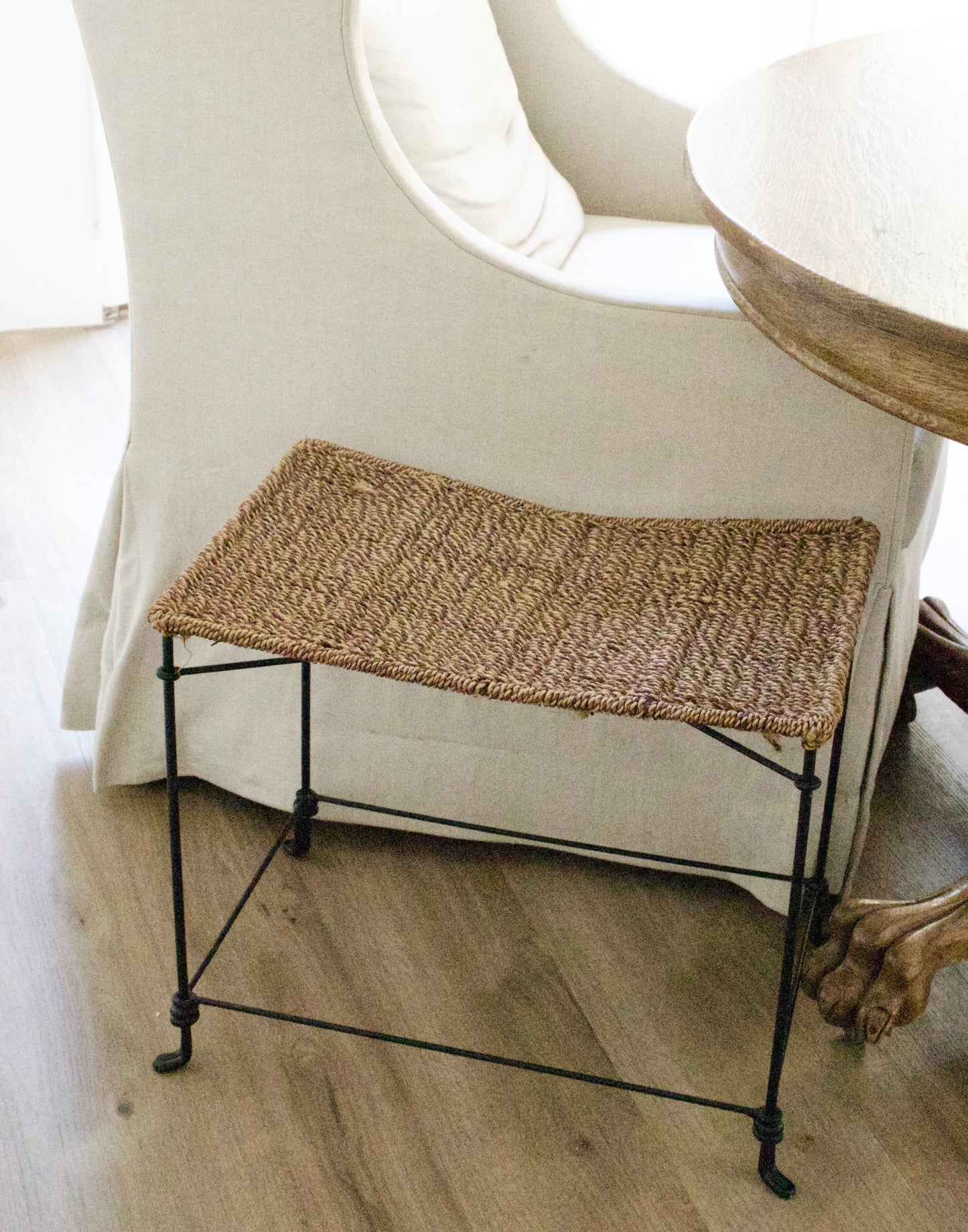 Aged Iron Stool with Sheepskin