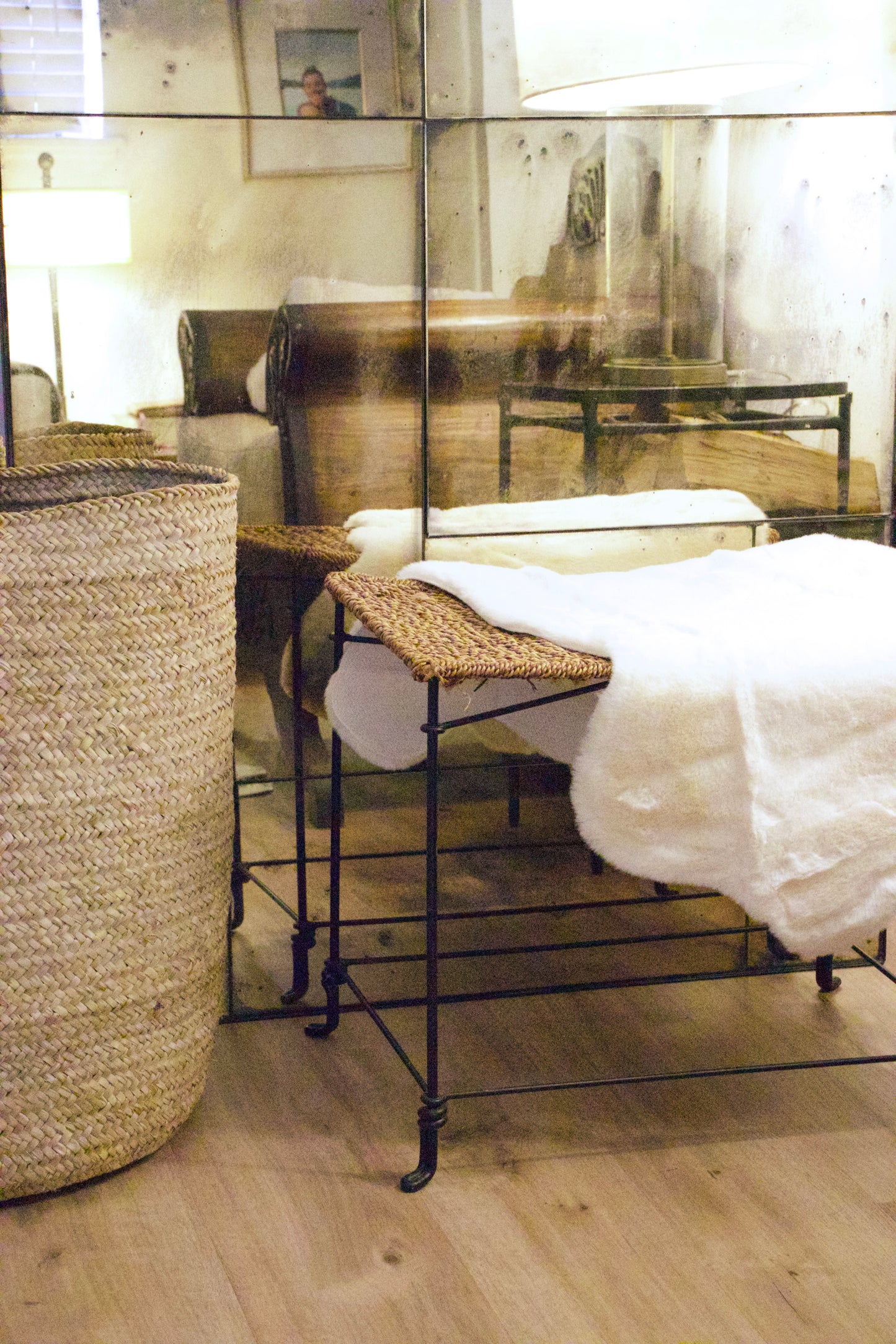 Aged Iron Stool with Sheepskin